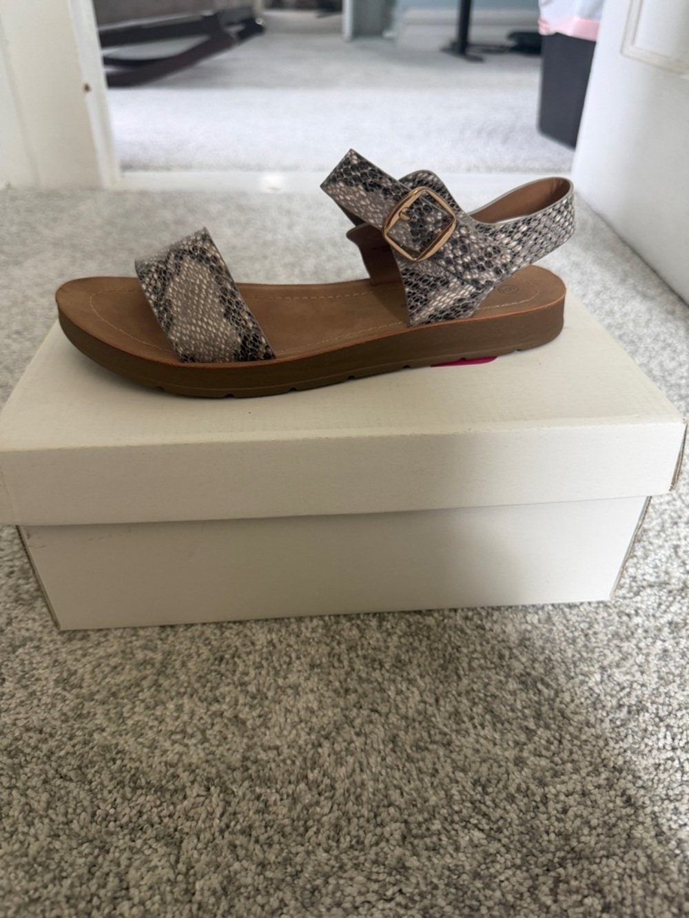 Soda Snake-Print Ankle Strap Sandal in Brown and Cream